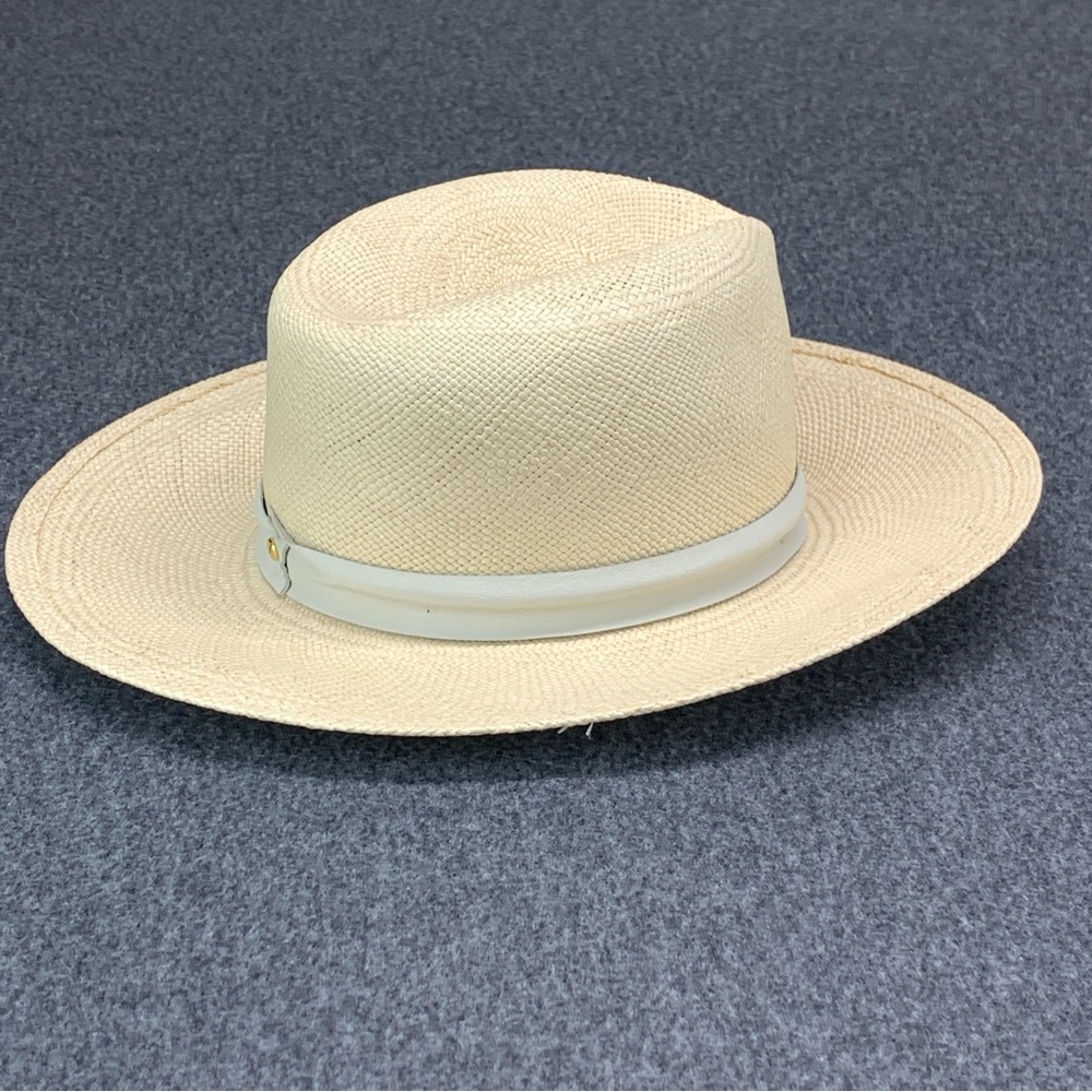 Janessa Leone Hamilton Hat 100% Straw Packable w/ White Leather Band Size M